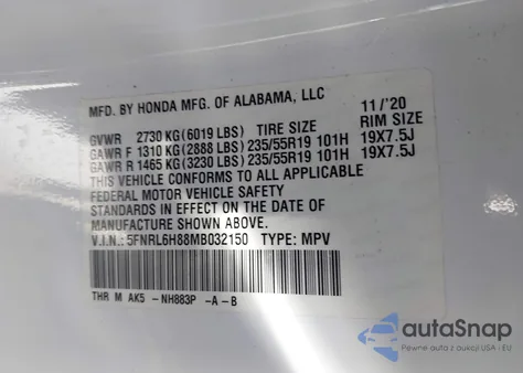 2021 Honda Odyssey Touring из США, поврежденный, VIN 5FNRL6H88MB032150